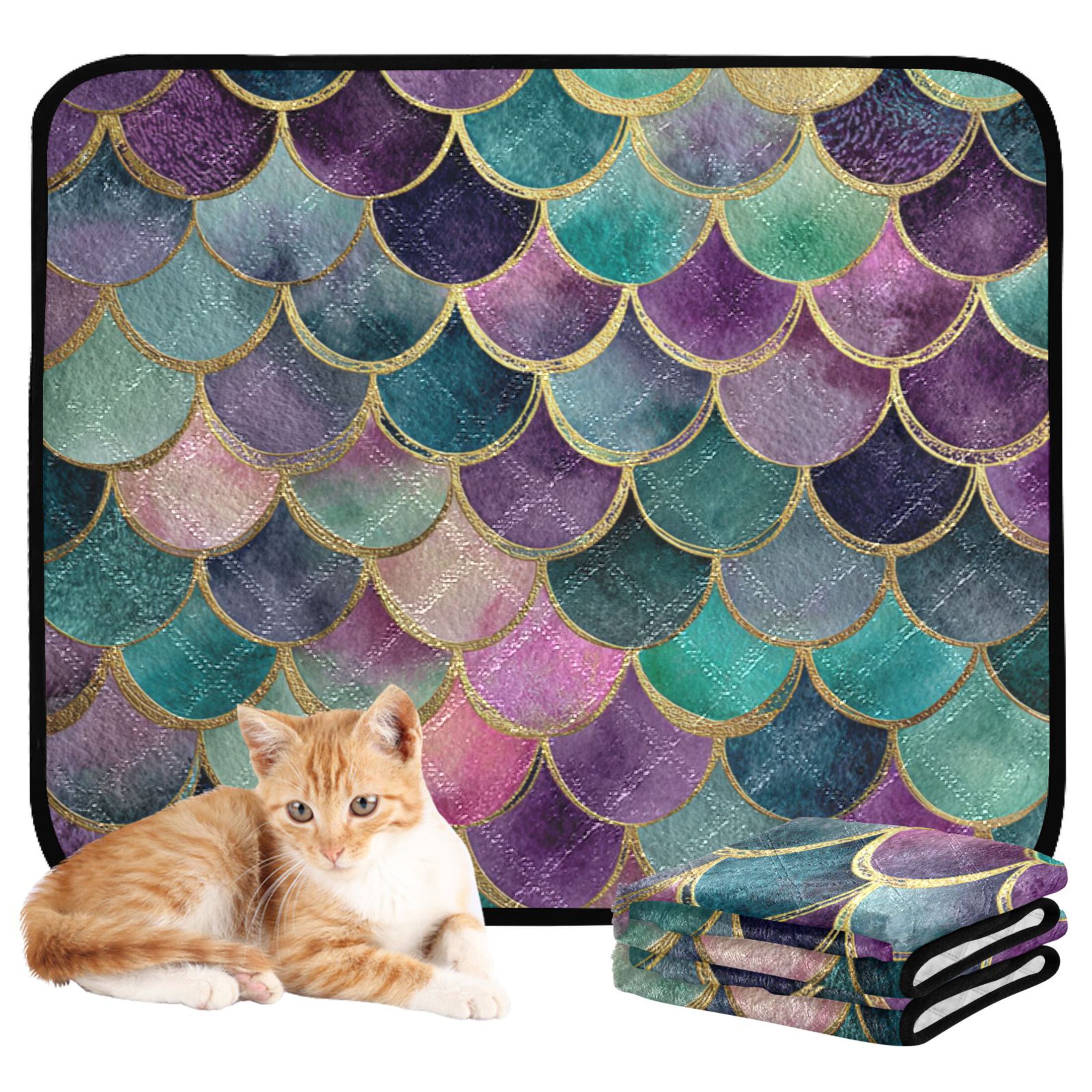 Qxltty Mermaid Scales Cat litter Pads Pet Set of 2 Diaper Mats Center Anti-leakage Layer Absorbent Soft and Comfortable