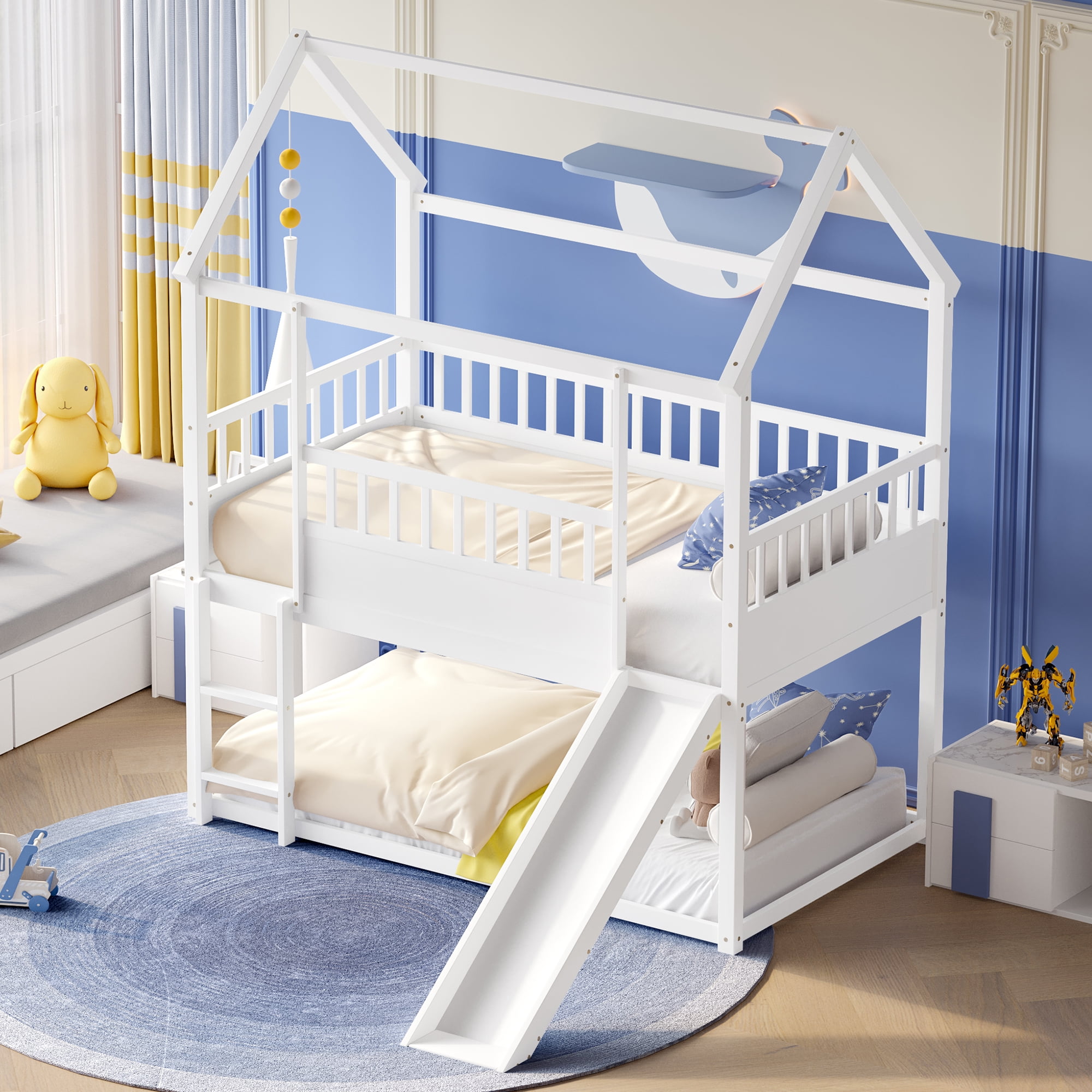 Bunk Bed with Slide, House Bunk Bed, Twin Over Twin Bunk Bed with Ladder and Safety Guardrail, Solid Wood Frame, White
