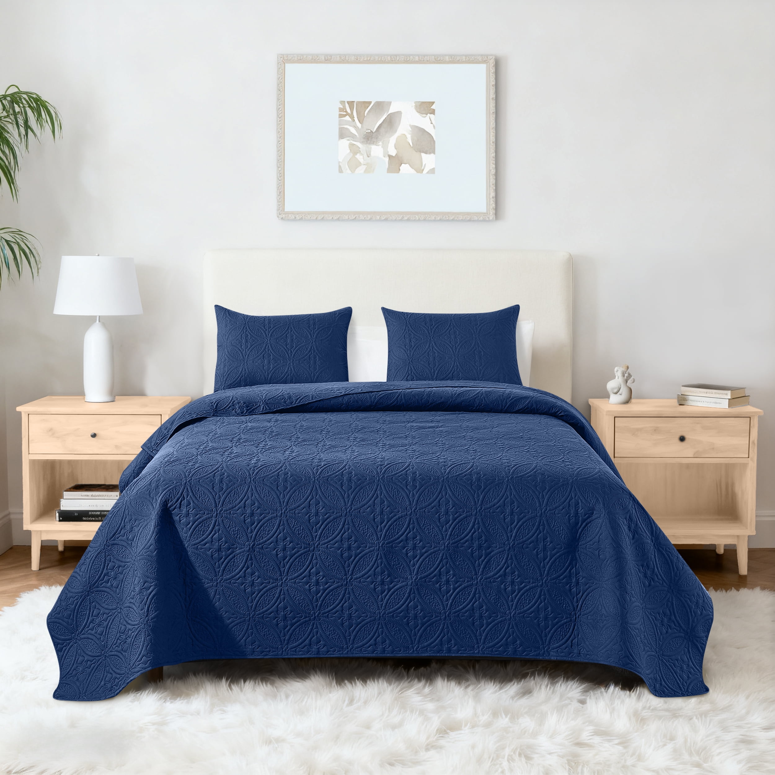 VCCOEM Quilt Set Full/Queen Size Lightweight Bedspreads, All Season Coverlet, 3 Piece (1 Quilt, 2 Pillow Shams), Coin Pattern, Navy Blue