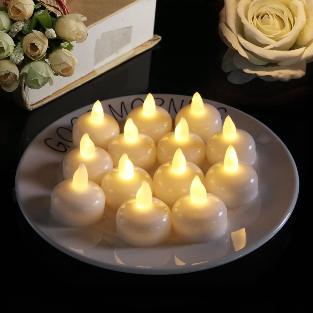 12 X Waterproof LED Floating Amber Flameless Candle Tea Light Wedding Party Xmas 