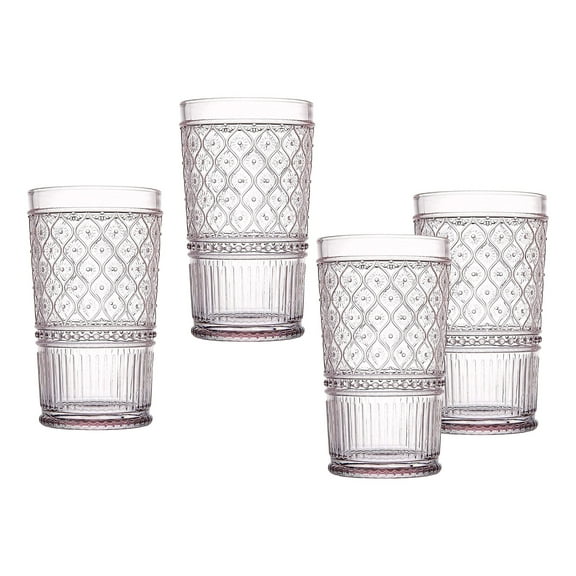 Godinger Highball Drinking Glasses, Tall Glass Cups, Vintage Decor, Water Glasses, Cocktail Glasses - Claro Collection, Large 17oz, Pink, Set of 4