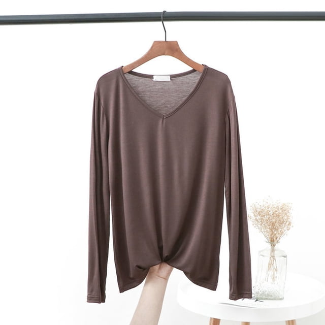 MHFRRA Camiseta de Manga Larga, Holgada, Informal, Básica, Cómoda y Suave, con Cuello Redondo para Uso Diario. Café