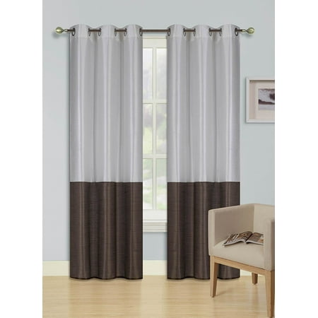 2pc Ivory Beige Brown Heidi Faux Silk Drape Panel Top Chrome