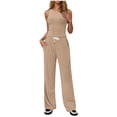 thumbnail image 4 of Elastic Waist Lounge Sets for Women, Solid Round Neck Sleeveless Blouse And Long Pants, Casual Two Piece Outfit, Comfy Daily Wear, Mother's Day Gifts | Sopatenor,Khaki XL, 4 of 9