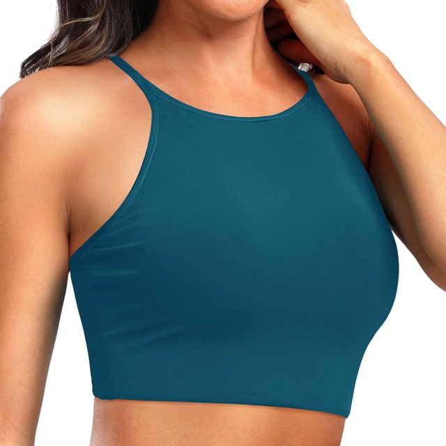 Women's Plus Size Swim Top Solid Color Adjustable Straps Removable Pads Racerback Tankini Top Summer Beach Pool Bathing Suit Blue