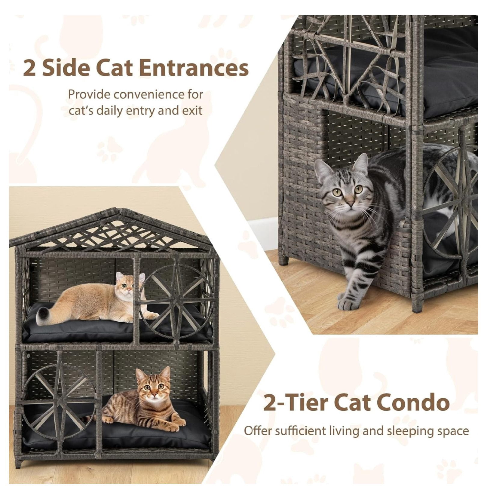 2-Story Rattan Cat House, Indoor Outdoor Aesthetic Large Kitten Cave Hideaway with Soft Removable Cushions, Side Entrances, 27 x 16 x 27.5 inches