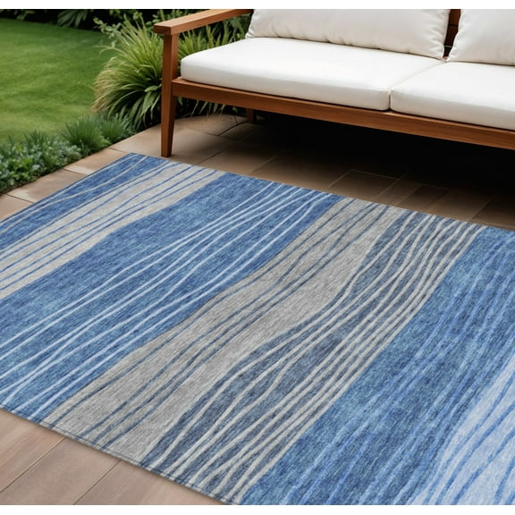 HomeRoots 583868 9 x 12 ft. Striped Washable Indoor & Outdoor Rectangle Area Rug, Navy Blue & Gray