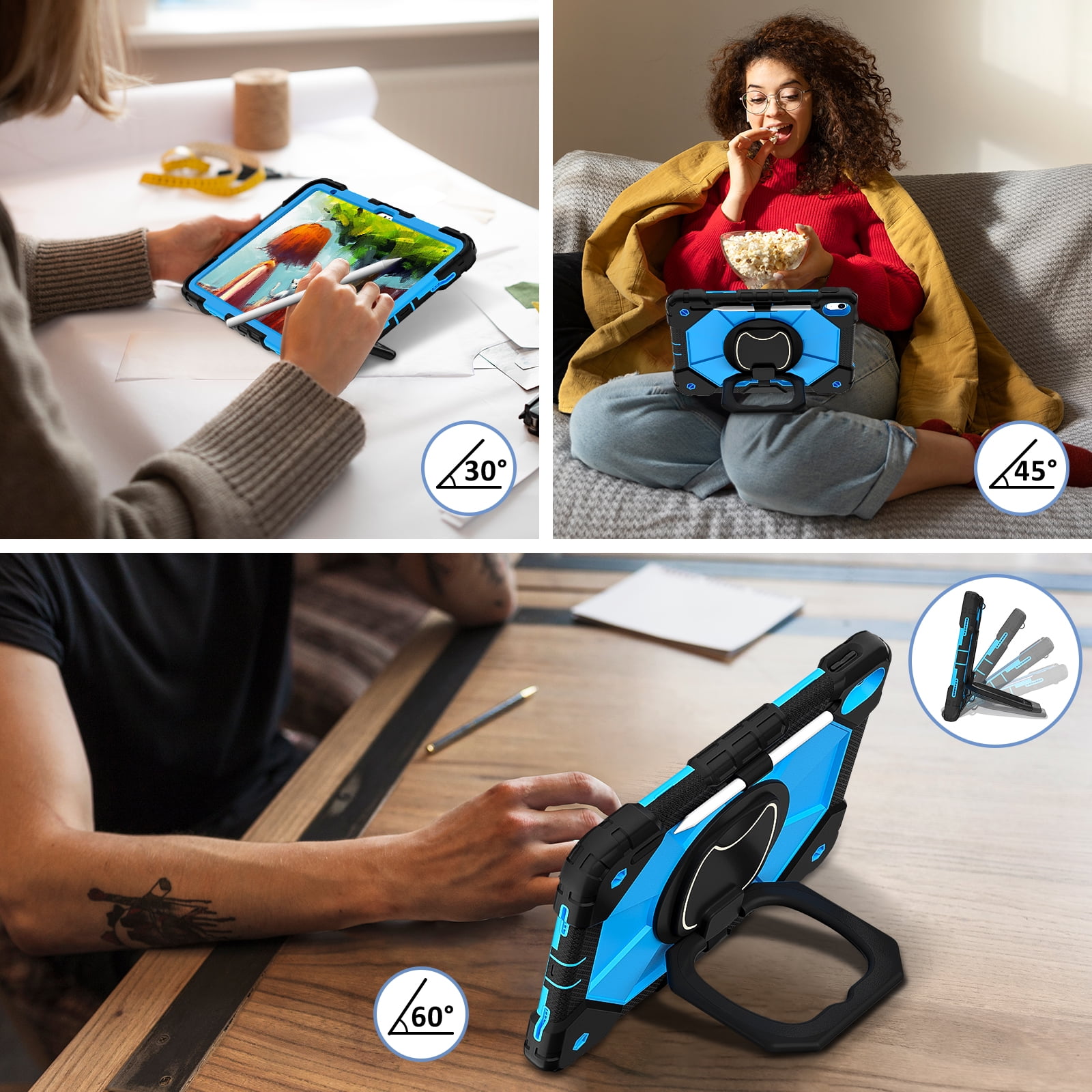 Decase Kids Case for Apple iPad 11th (A16)/10th Gen 2025/2022,Shockproof Rotatable Stand Cover,Detachable Shoulder Strap,Rugged 3-Layer Tablet Shell with Pen Holder,Black+Blue