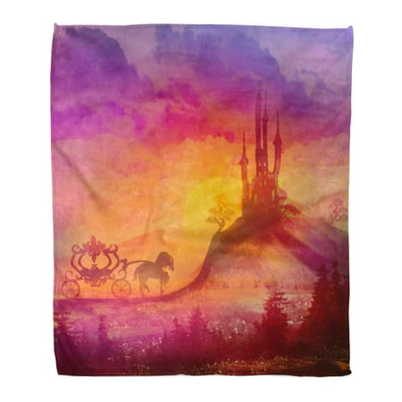 559 Sofa - KDAGR Throw Blanket Warm Cozy Print Flannel Pink Princess Carriage at Sunset Silhouette of Horse and Medieval Castle Comfortable Soft for Bed Sofa and Couch 58x80 Inches