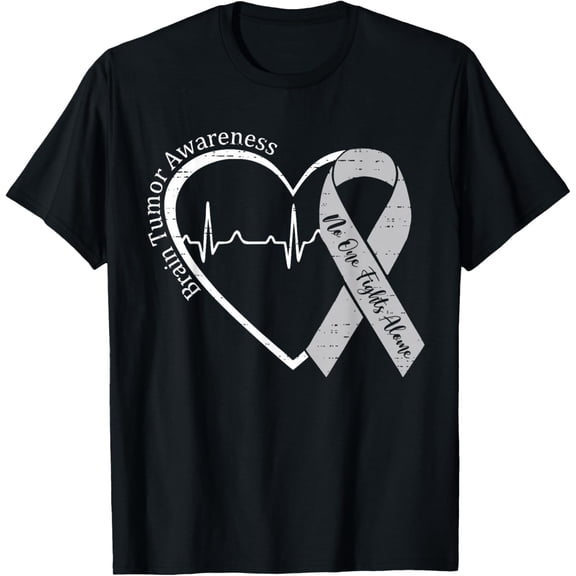 Brain Tumor Awareness Grey Ribbon Heartbeat T-Shirt No One Fights Alone Support Graphic Tee Inspirational Warrior Apparel for Men Women