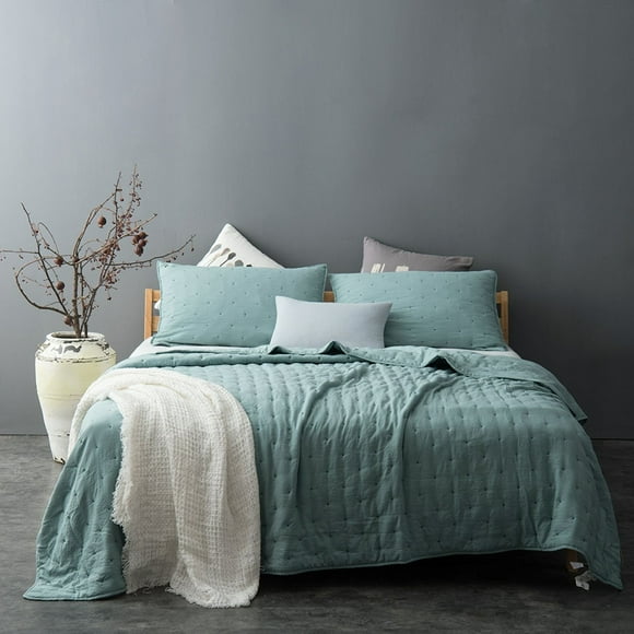 KASENTEX Quilt-Coverlet-Bedspread-Blanket-Set + Two Shams, Ultra Soft, Machine Washable, Lightweight, All-Season, Nostalgic Design - Solid Color (Queen + 2 Shams, Green)
