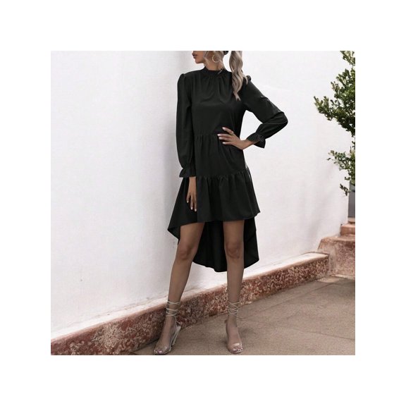 Women's High Neck Tiered Swing Dress with Long Sleeves- Large, Black