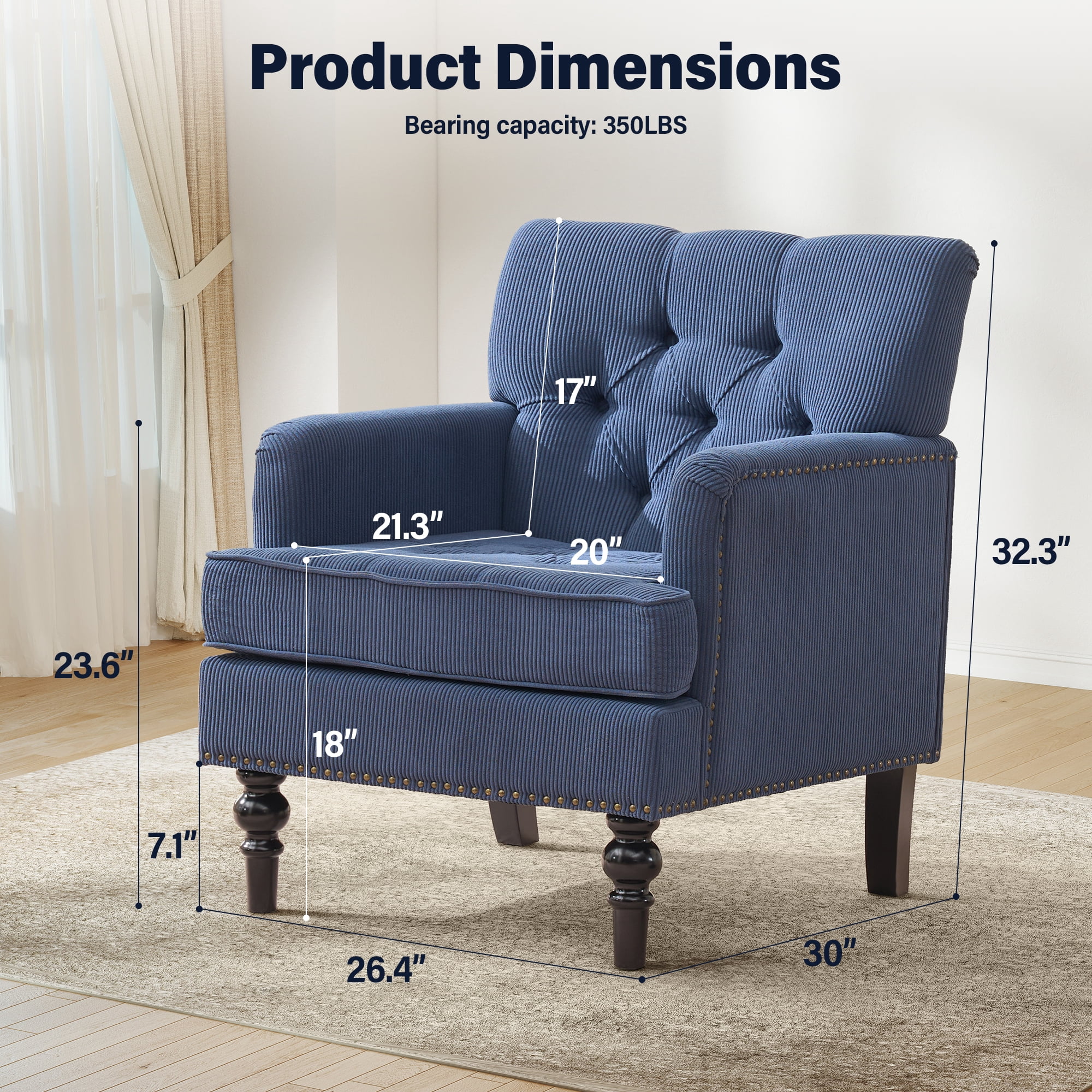 Aukfa Mid-Century Modern Tufted Accent Armchair, Upholstered Corduroy Chair for Living Room/Bedroom, Navy Blue