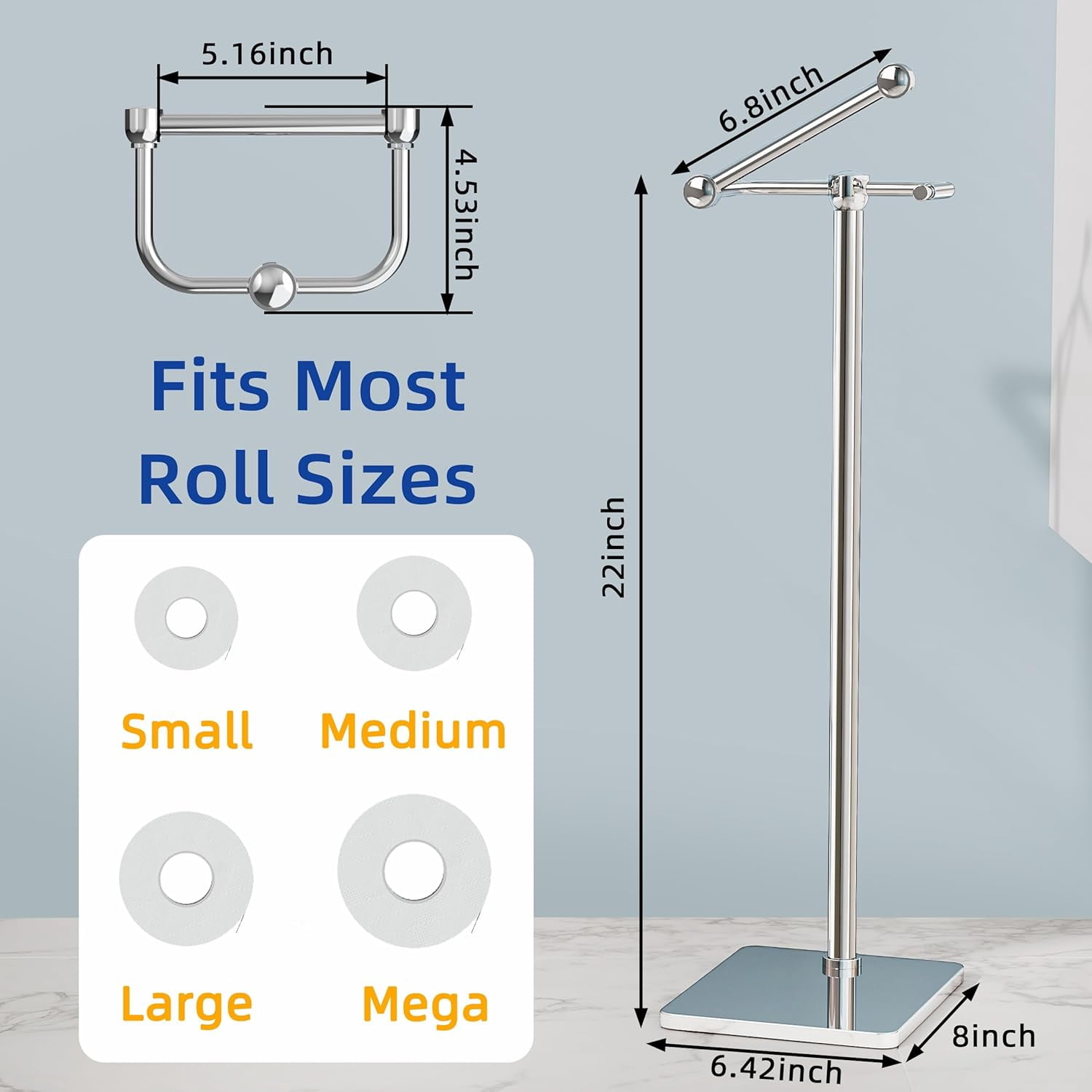 Toilet Paper Holder Stand, Bathroom Toilet Paper Roll Holder Free Standing, Toilet Tissue Holder Stand with Post Pivoting Design, Stable Weighted Base, SUS304 Stainless Steel (Chrome)