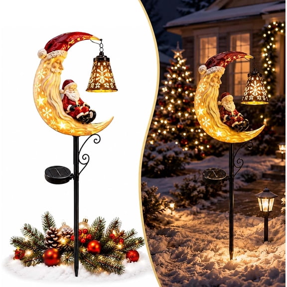Solar Christmas Moon Santa Claus Lamp Post Decoration for Yard Lawn Patio Front Porch