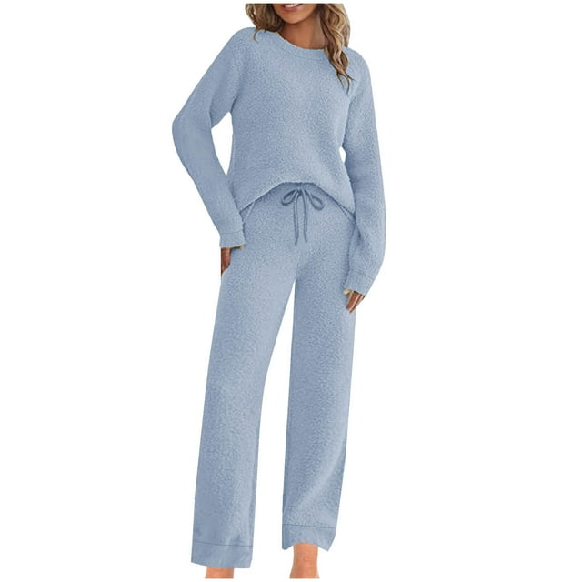 Ensemble Décontracté pour Femmes, Pantalon à Poches Imprimé avec Cordon de Serrage, Manches Longues, Col Rond, 2 Pcs, Bleu 5TG