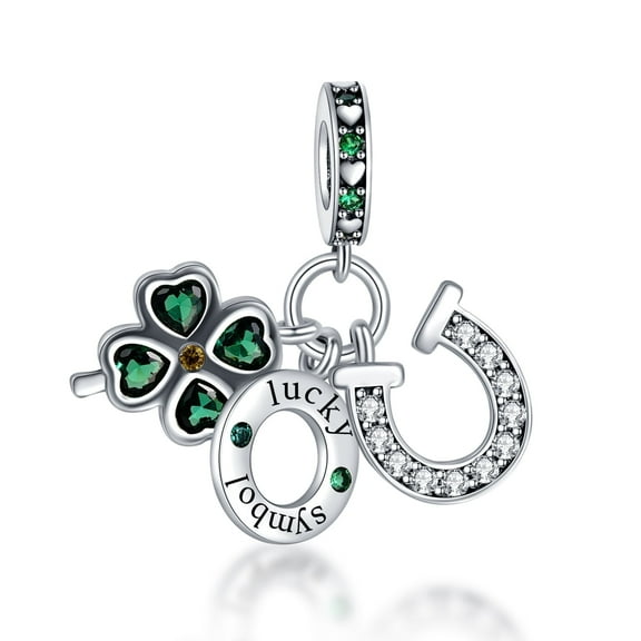 925 Sterling Silver Charm for Bracelets Green Lucky Horseshoe Four Leaf Clover Charm Women Bracelet Charm