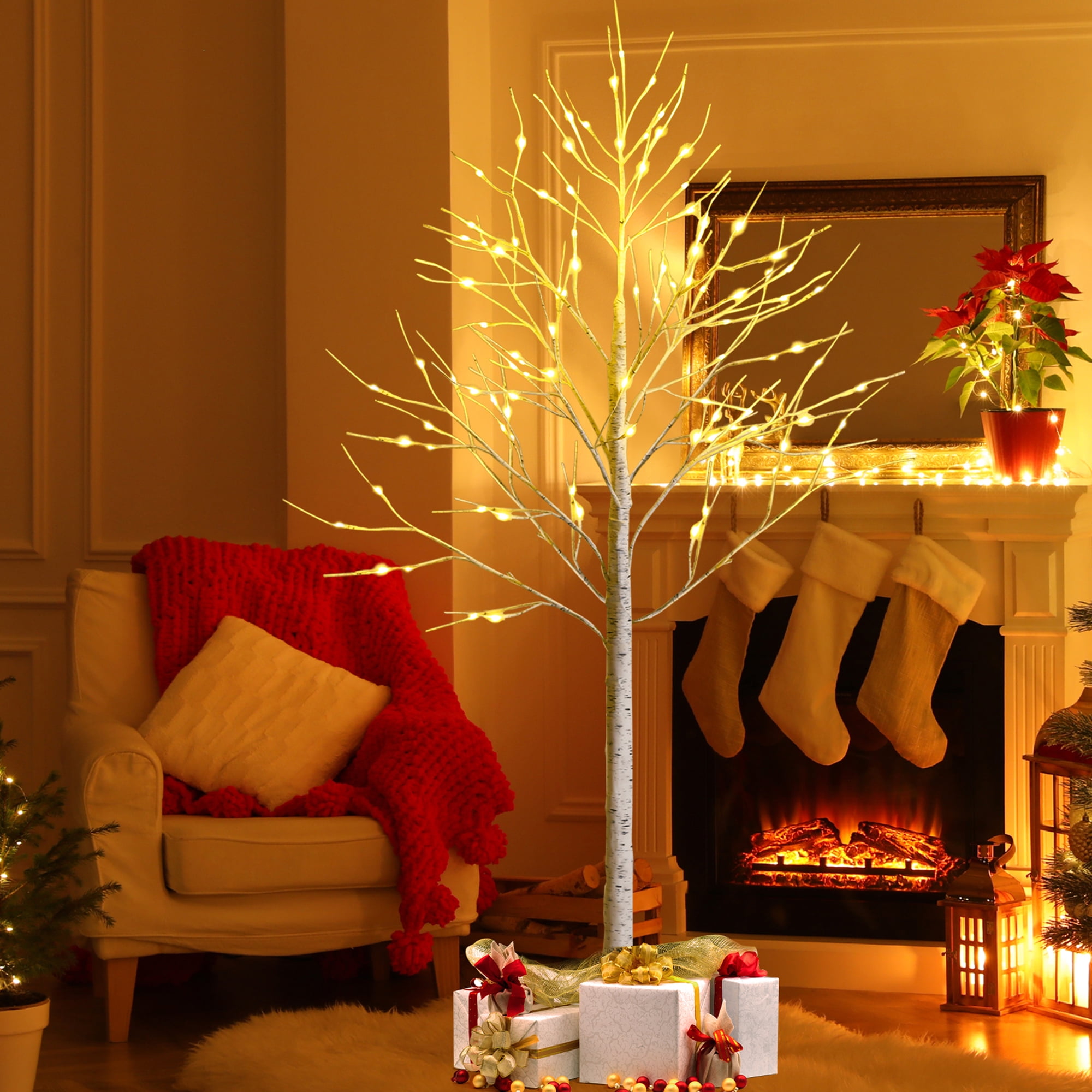 Gymax 6 FT Pre-lit White Birch Artificial Twig Birch Tree Christmas Decor