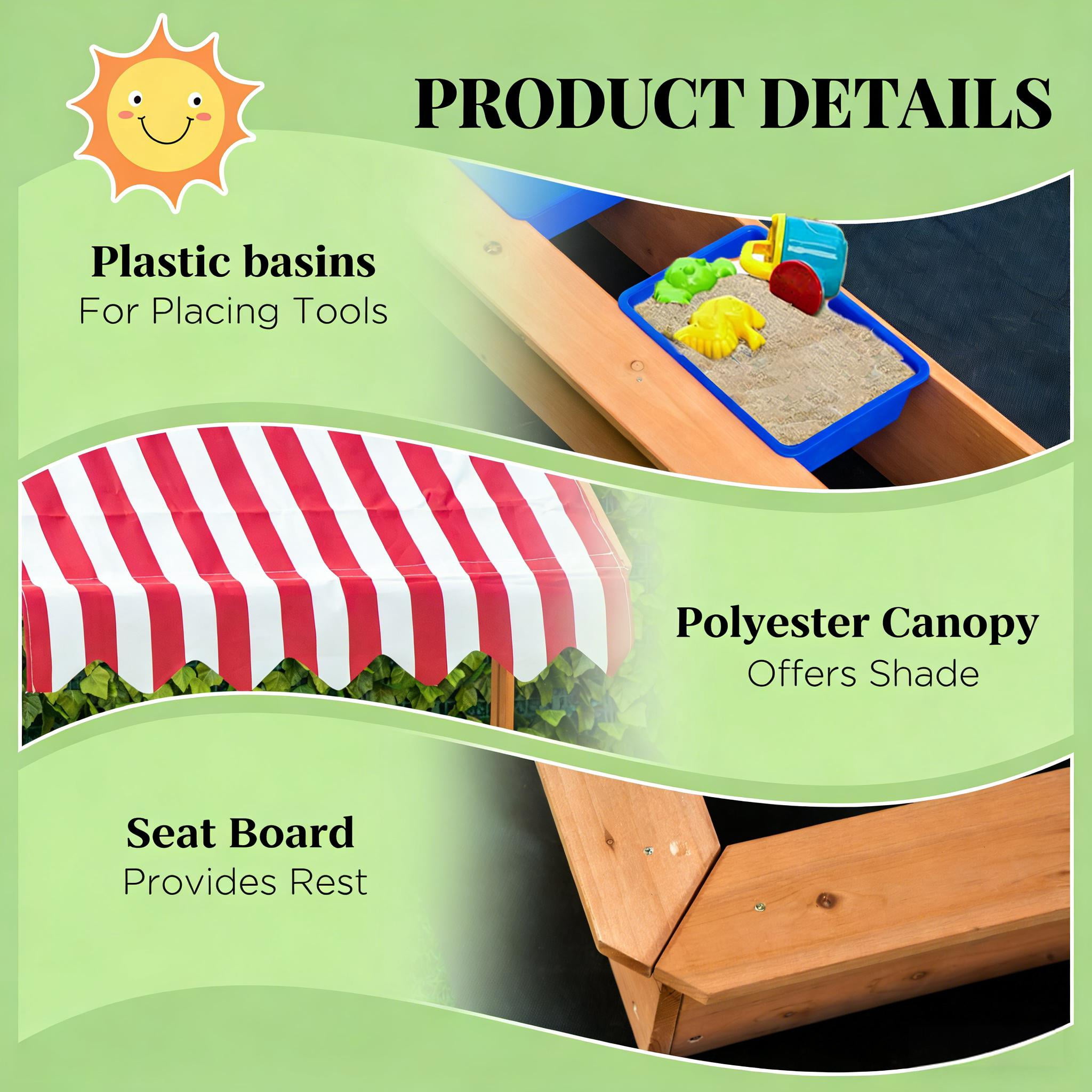 Kids Wooden Sandbox with Adjustable Roof Canopy, Outdoor Sand Play Station with Toy Storage Bins, Fir Wood Sand Pit with Bottomless Liner for Backyard, Ages 3-7