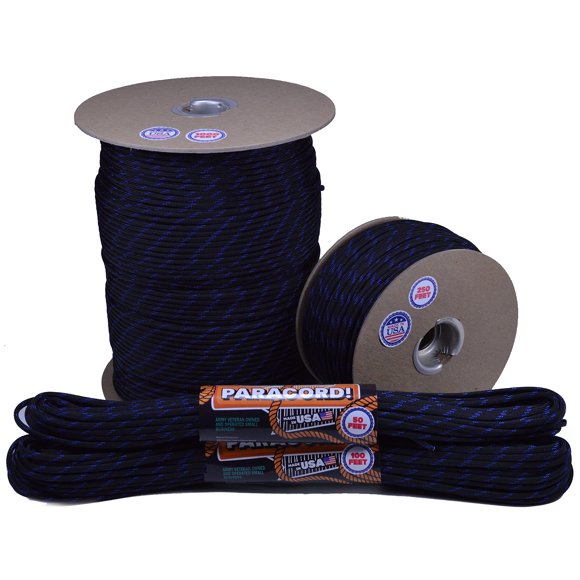 Bored Paracord - 1', 10', 25', 50', 100' Hanks & 250', 1000' Spools of Parachute 550 Cord Type III 7 Strand Paracord Well Over 300 Colors - Thin Blue Line - 25 Feet