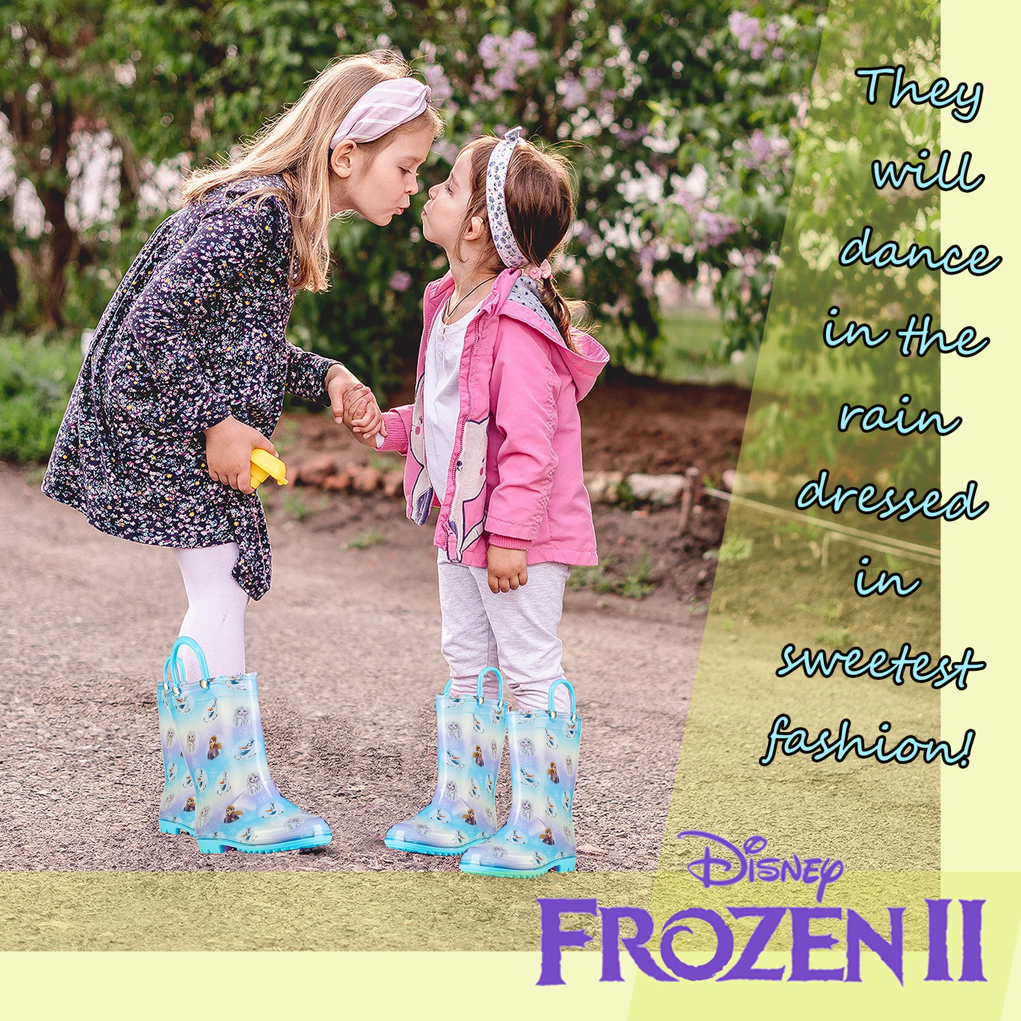 Disney Frozen 2 Girls Anna, Elsa and Olaf Pink PVC Waterproof Licensed Rain Boots Easy-On Handles - Size 12 Little Kid