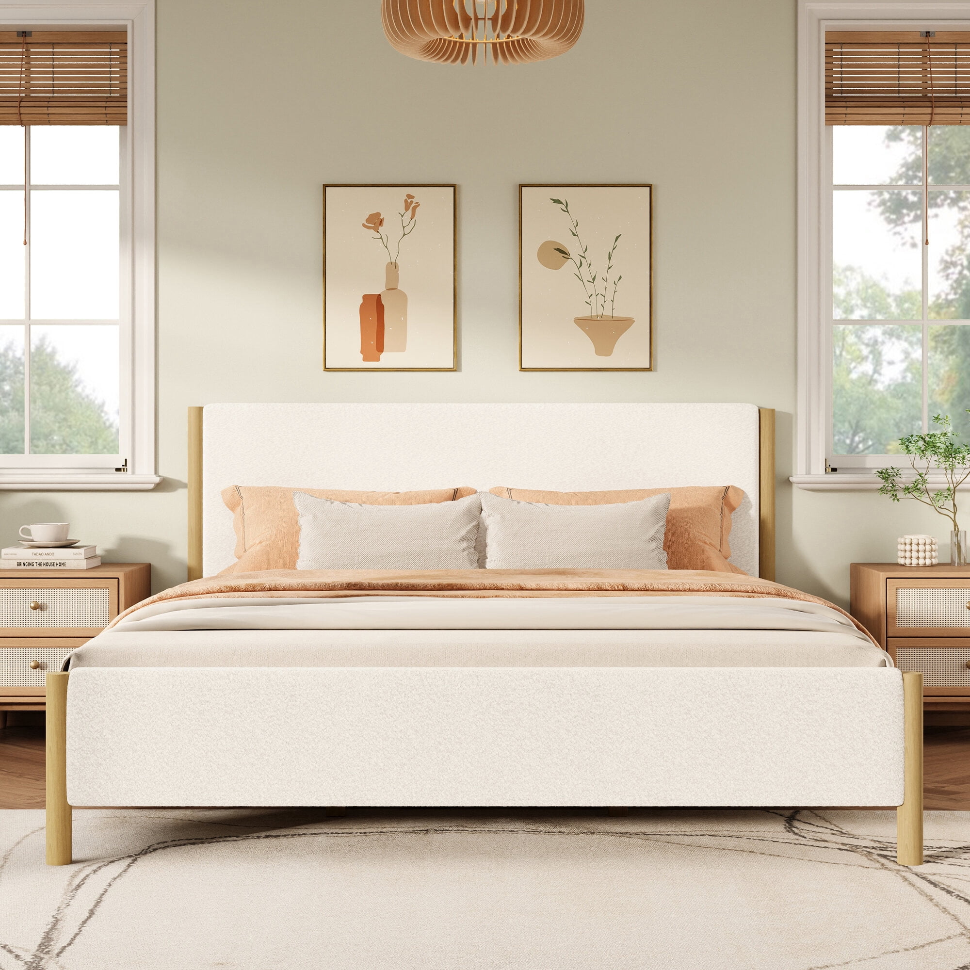 Bed Frames Modern White Boucle Upholstered Bed with Rubberwood Legs, Queen, White,Adjustable Bed Base