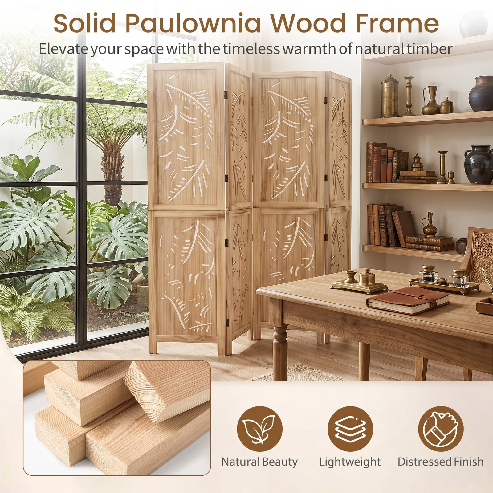ALPULON 4-Panel Wooden Room Divider Freestanding Folding Privacy Screen with Palm Leaf Design & Paulownia Frame for Home Bedroom Office, Natural