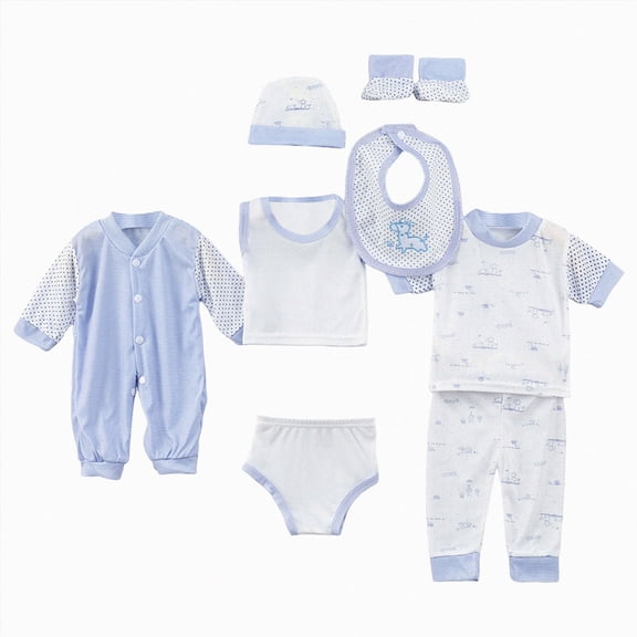 WUANDIXFA Unisex Newborn Layette Set 8 Piece Soft Cotton Baby Clothing Tops Romper Pants Hat Bib Sock Shoes Newborn Must Haves Gift Set 0-3 Months Blue