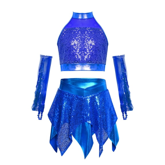 SiiRoh Kids Girls Shiny Sequins Crop Top with Metallic Skirt with Gloves Cheer Uniform Jazz Latin Dance Outfits Blue 6