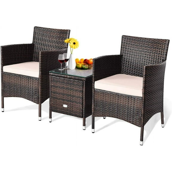 HAPPYGRILL 3 Piece Patio Set Wicker Rattan Furniture Set Outdoor Rattan Conversation Set with Coffee Table Chairs & Thick Cushions Bistro Sets for Patio Garden Lawn Backyard Pool