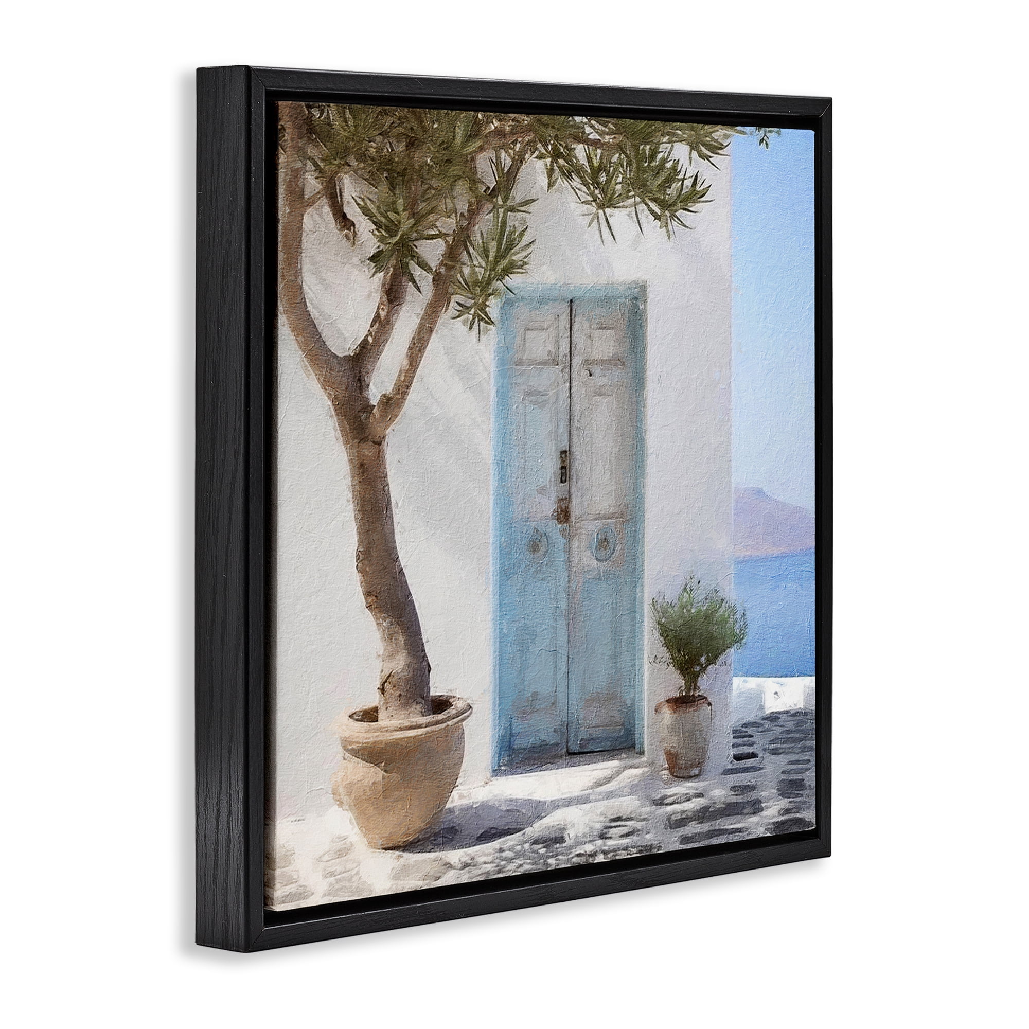 Stupell Industries Coastal Greek Door Town & City Painting Black Floater Framed Canvas Art Print Wall Art, 25 x 25