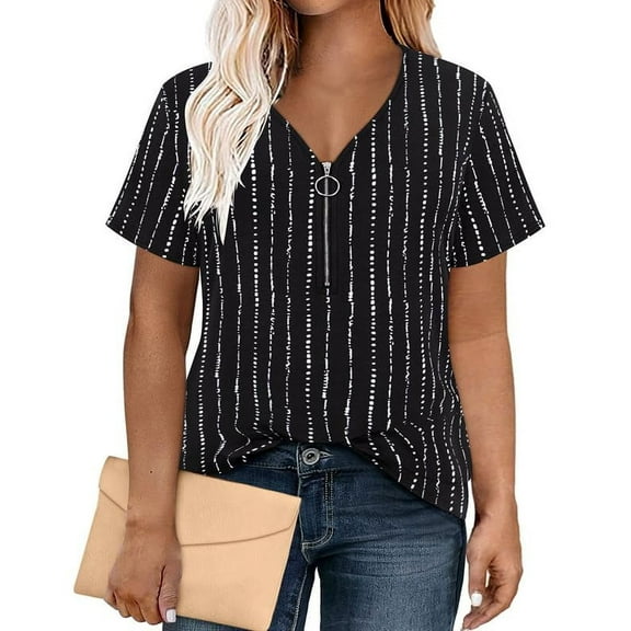 CASSIE LIZ Plus Size Tops 3X Summer Womens Shirts Black Striped V Neck Fashion Short Sleeve Tee Loose Fit Tunics Spring Blouses Casual Pullover 3XL 22W 24W