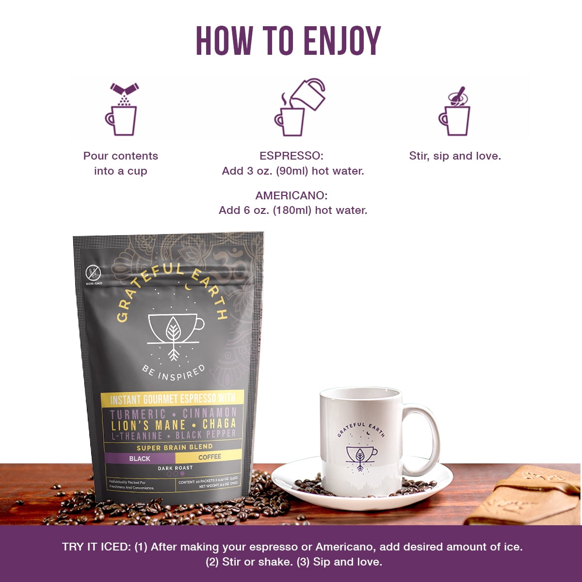 Grateful Earth Mushroom Coffee, Instant Espresso Dark Roast with Lion’s Mane & Chaga, 20 Packets