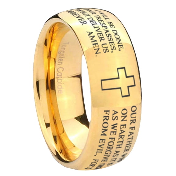 Etched Lord's Prayer Cross Dome Gold Plated Tungsten Men Ring 10MM