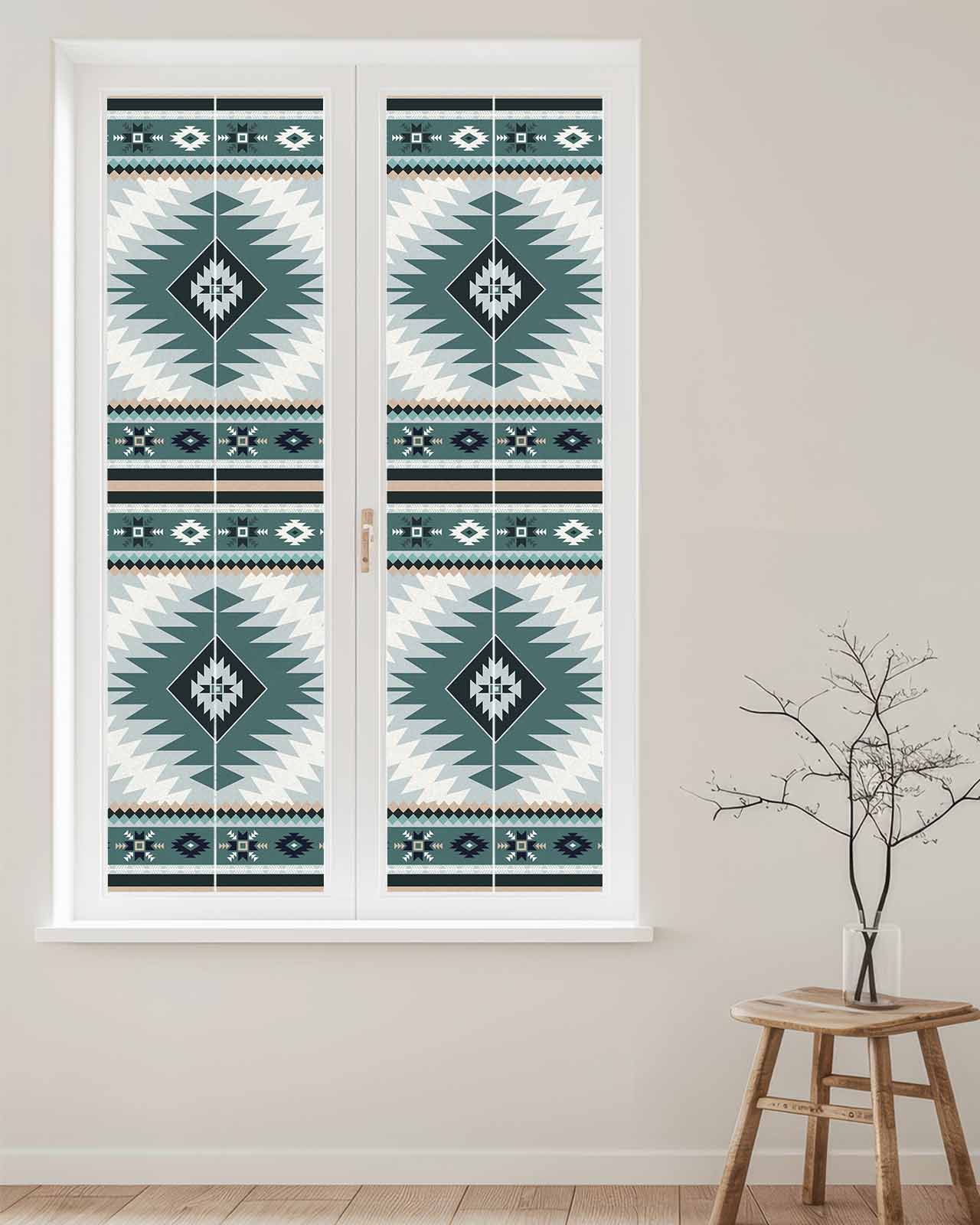 Window Privacy Film Teal Gray Boho Stained Glass Window Film Decorative Sun Block Window Cover Southwestern Ethnic Abstract Geometric Window Clings Static Adhesive Sticker for Bathroom 23.6"x78.7"