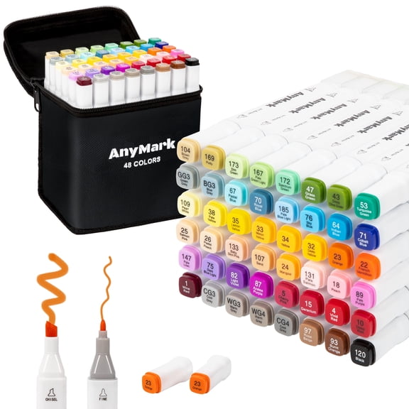 AnyMark Alcohol Markers, 48 Colors Dual Tip Art Coloring Markers Set for Adult Book Drawing Sketching Painting, Chisel & Fine, White Penholder