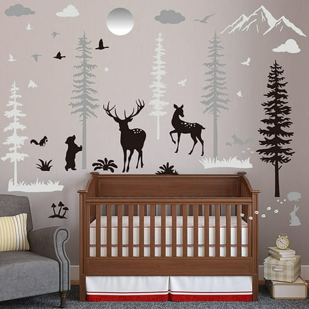 Compuye Nursery Wall Decals Forest Deers Stickers Bears Pine Tree Mural Art Wallpaper For Diy Children Room Vinyl Removable Classic Style Canada - Forest Nursery Wall Decals