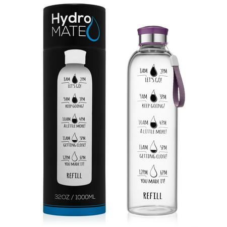 HydroMATE 1 Liter (32oz) Motivational Water Bottle with Time Marker Large Glass Bottle Reusable Time Marked to Drink More Water Daily Fitness Workout Sports
