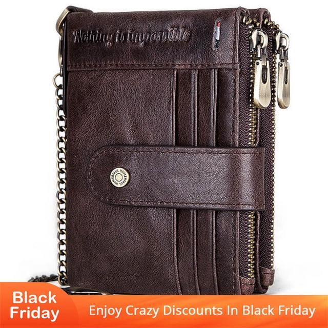 Ciaoed Men Genuine Leather Chain Wallet RFID Double ZIpper Anti-theft Multi-card Slot Card Holder Wallet - Coffee