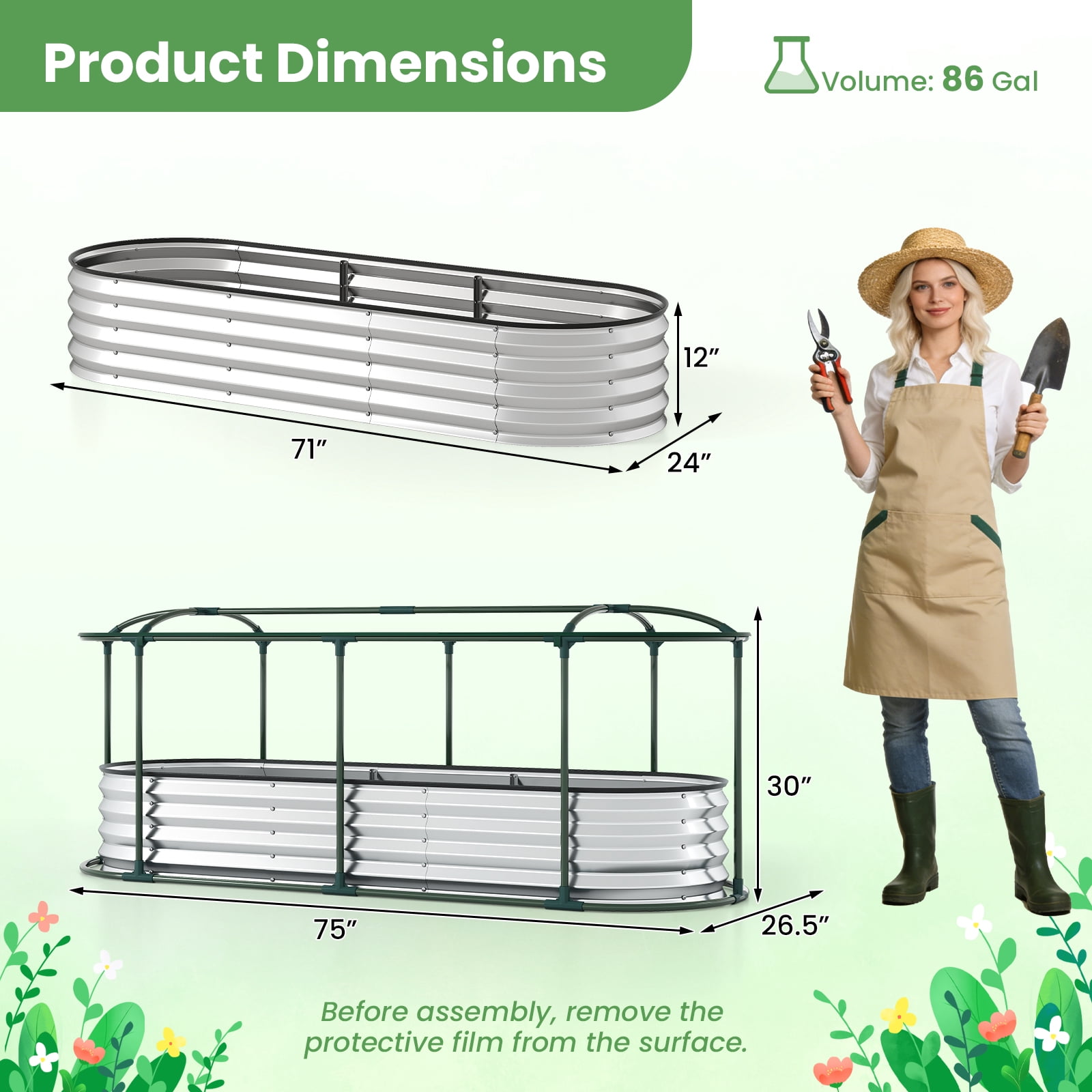 Costway 6 x 2 x 1 FT Color Steel Raised Garden Bed with Greenhouse Cover, Roll-up Window Silver+Transparent