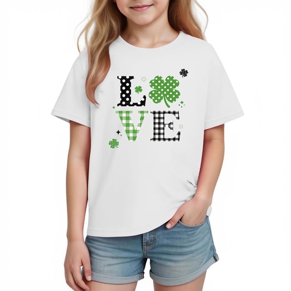 St. Patrick's Day Shirt for Girls White Love Shamrock Graphic Tee 100% Cotton Short Sleeve Kids Kids T-Shirt Sizes 3-4T 5-6 7-10,Size 9 T