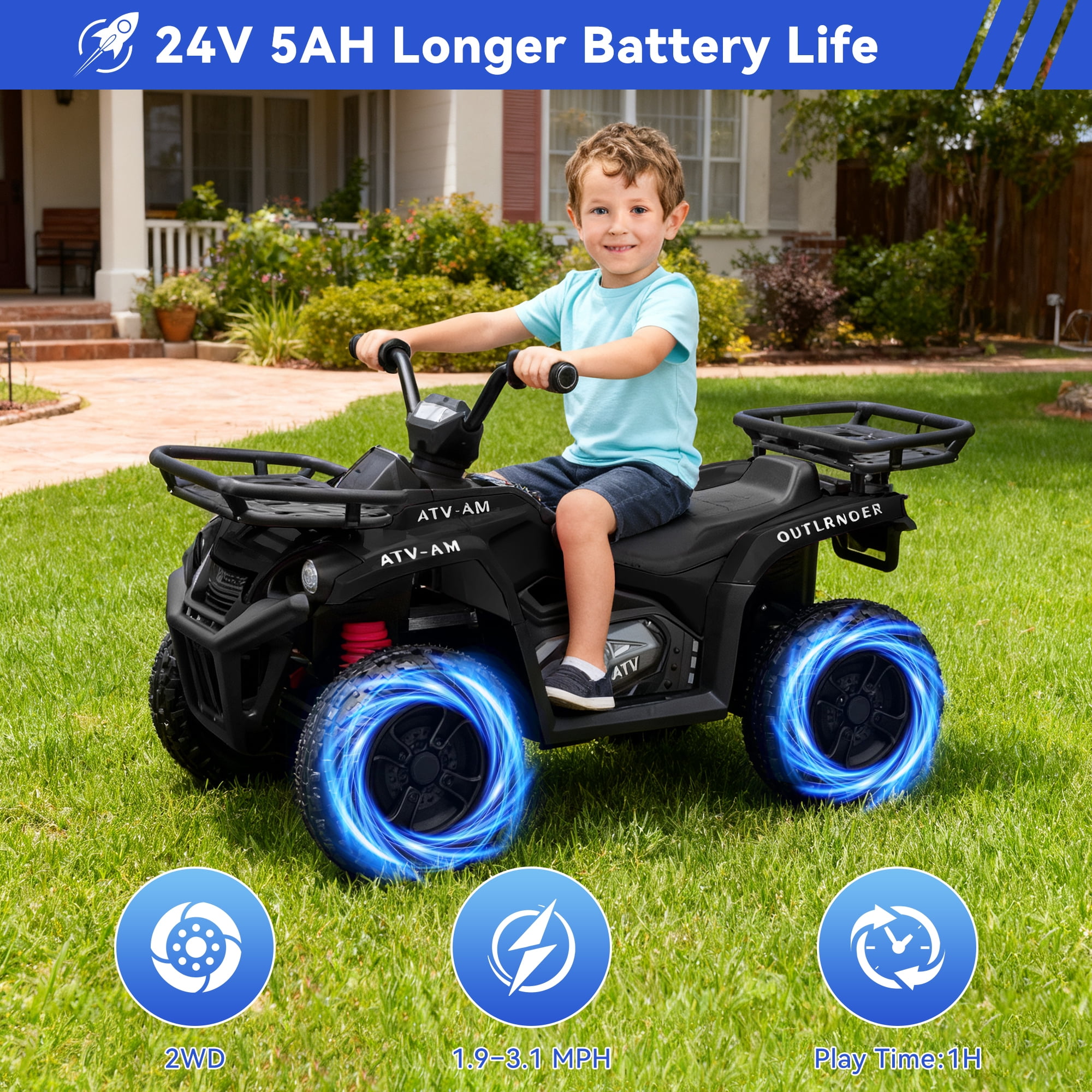 FestiveGlow 24V Kids ATV,Electric ATV for Kids 4 Wheelers Quad Car Toy, Ride On Toy Car As Gift for Kids,Black
