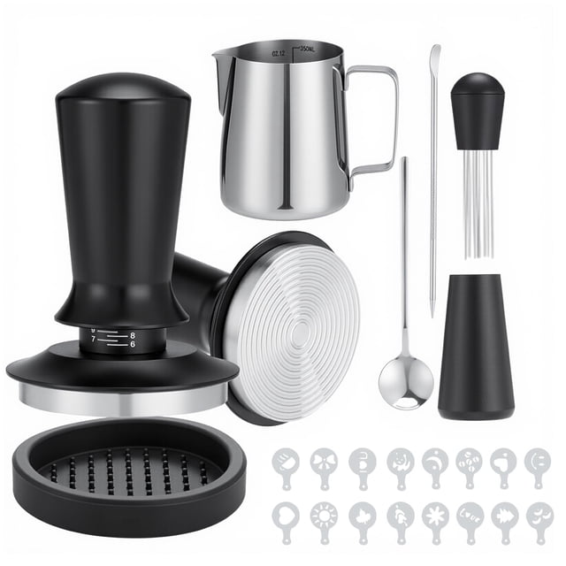 KCB Kit Barista 22 Accesorios Para Café,Incluye Tamper 58mm,Tapete para Prensar,Bolígrafo para Café,WDT,Jarra de Leche,16 Plantillas,Acero Inoxidable 304,para Cafeter&