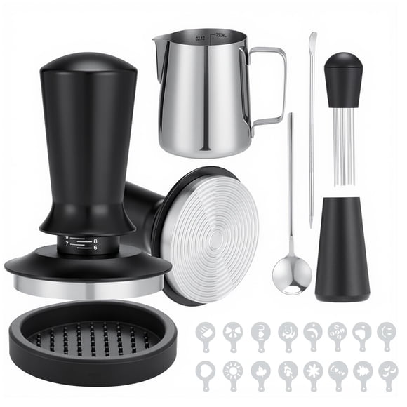 KCB Kit Barista 22 Accesorios Para Café,Incluye Tamper 58mm,Tapete para Prensar,Bolígrafo para Café,WDT,Jarra de Leche,16 Plantillas,Acero Inoxidable 304,para Cafeter&