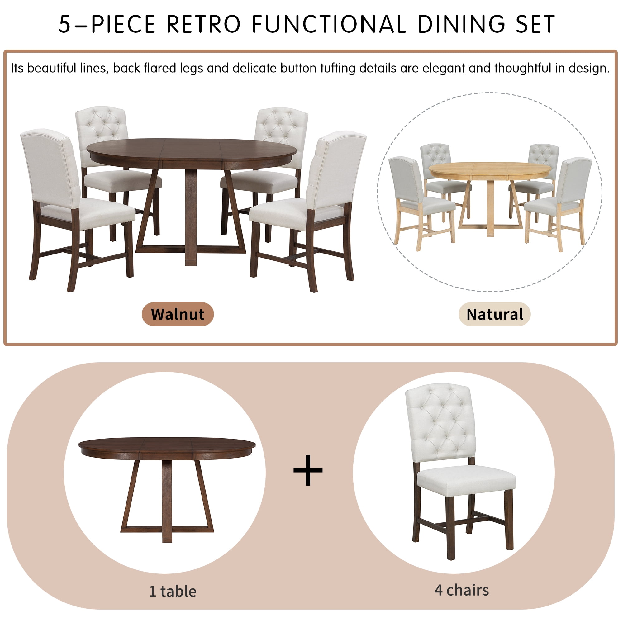 5-Piece Dining Table Set for 5, 42"-58" Extendable Round Dining Table with 4 Upholstered Chairs