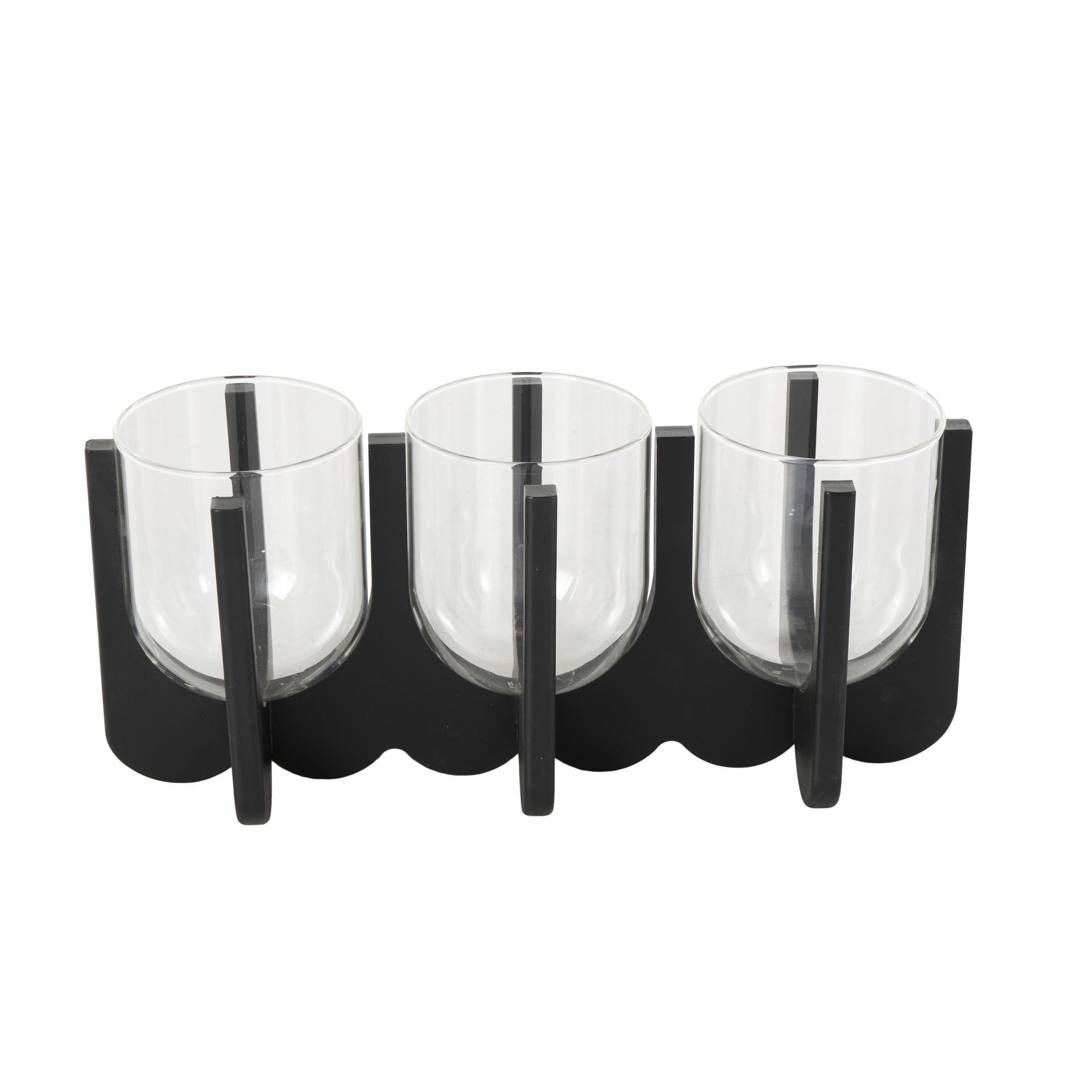 DecMode 3 Candle Black Wood Hurricane 3 Slot Candle Holder