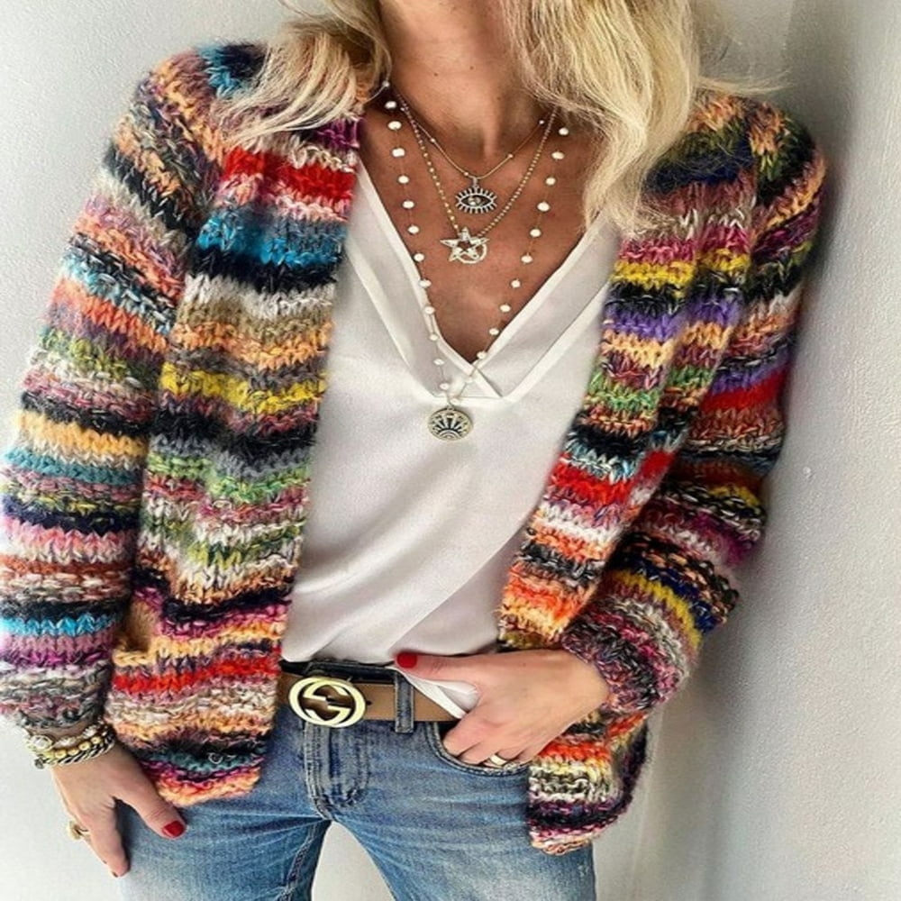 Women s Cotton Long Sleeve Chunky Open Front Striped Knit Cardigan Sweater Tops Walmart