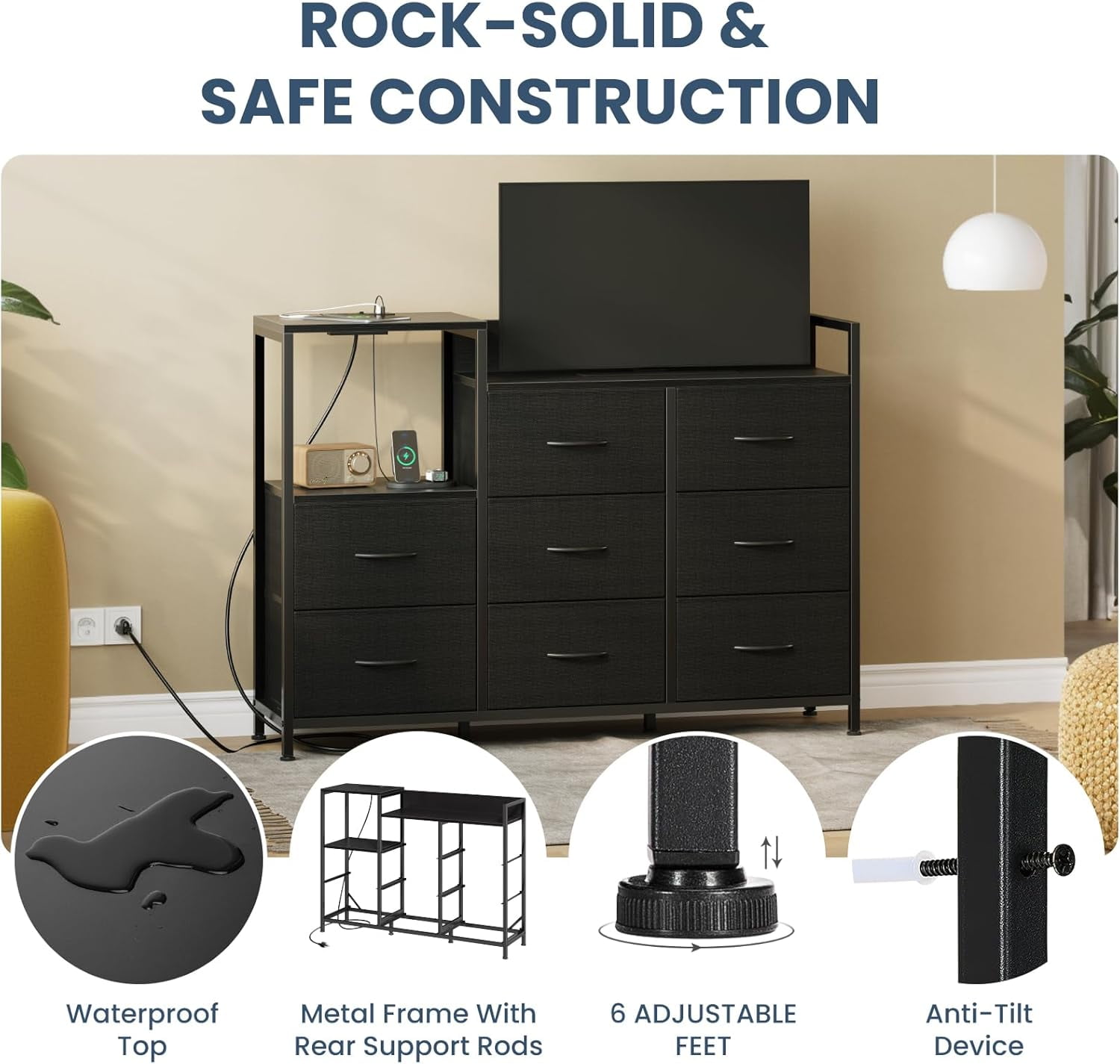 Modern 8 Drawer Dresser with Charging Station, Wide Storage Chest with Open Display Shelves, Tall Fabric Dresser for Living Room, Media Console for Wall-Mounted TV, Black