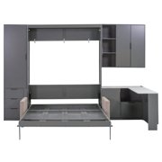 Modern Queen Size Solid Wood Murphy Wall Bed, Foldable Cabinet Bed in Dark Gray