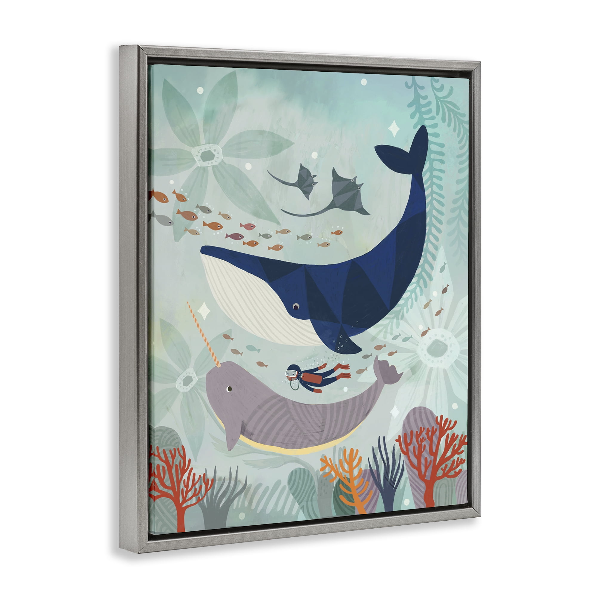 Stupell Industries Scuba Diver Among Whales Nautical & Beach Painting Gray Floater Framed Canvas Art Print Wall Art, 25 x 31
